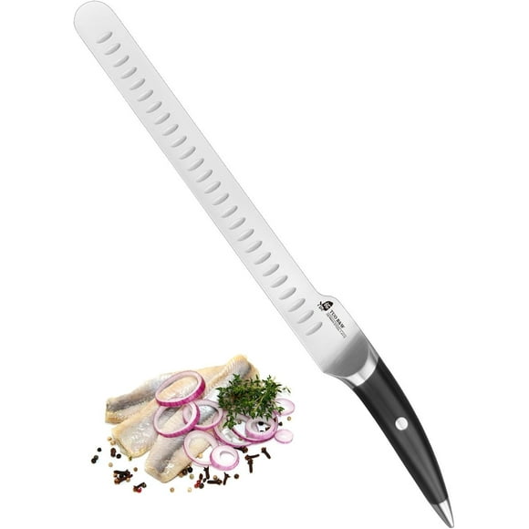 TUO Cutlery Couteau à Découper la Viande - Acier Inoxydable Allemand 1.4116 à Haute Teneur en Carbone (X50CrMoV15) - Couteau à Jambon de Cuisine 12 Pieds'- avec Bord Creux - Série B&W
