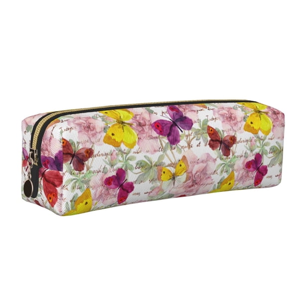 Easygdp Butterflies and Vintage para Estuche de Lápices de Cuero, Estuche de Papelería de Cuero, Estuche de Gran Capacidad con Cremallera