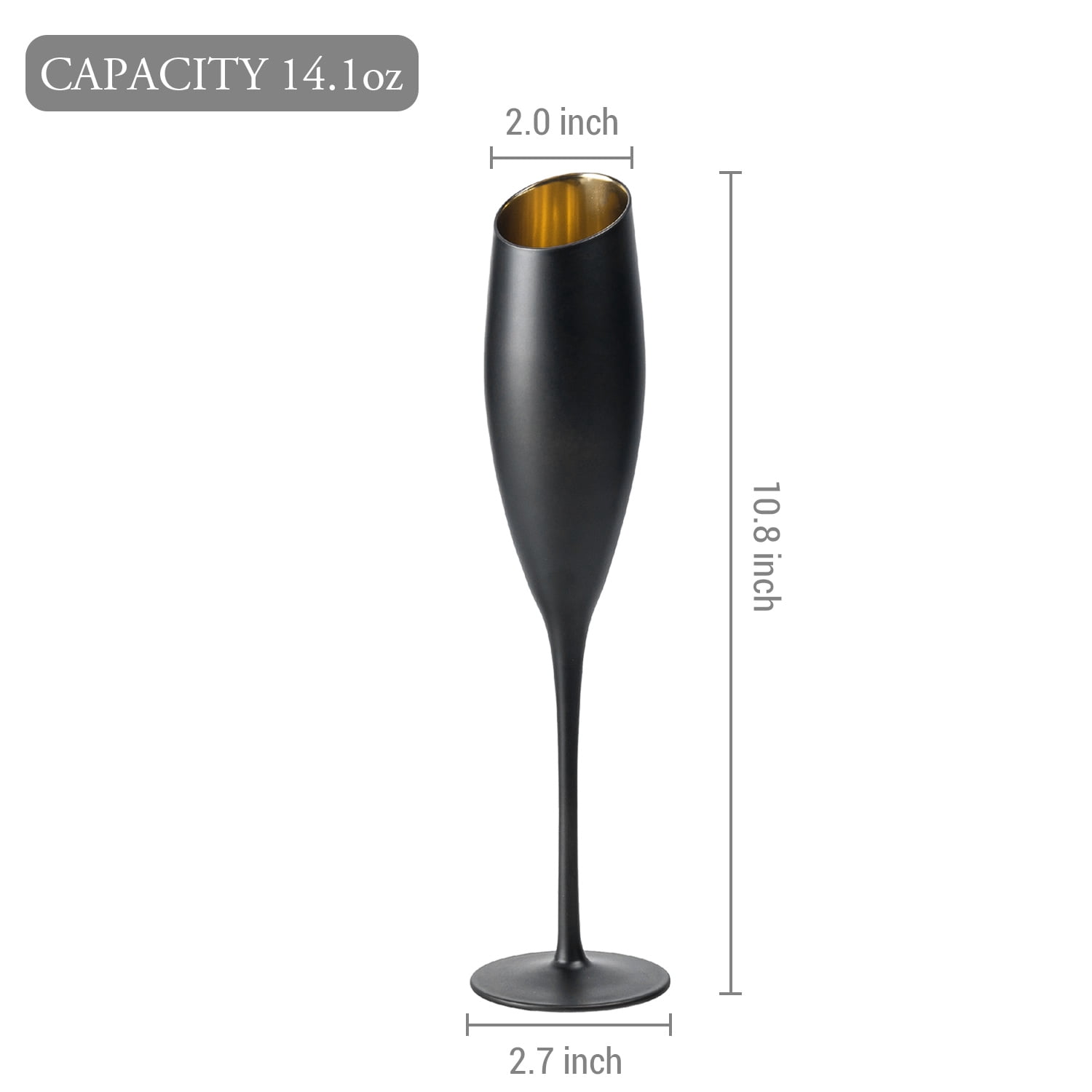 MyGift Set of 4 Matte Black and Gold Angled Rim Stemmed Glass Champagne Flutes