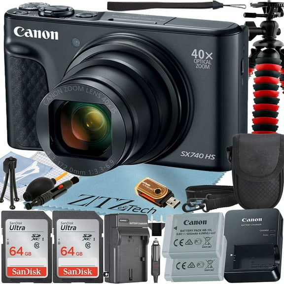 Canon PowerShot SX740 HS Digital Camera (Black) with 2 Pack 64GB Memory Card   Case   Tripod   ZeeTech Professional Bundle (International Version)