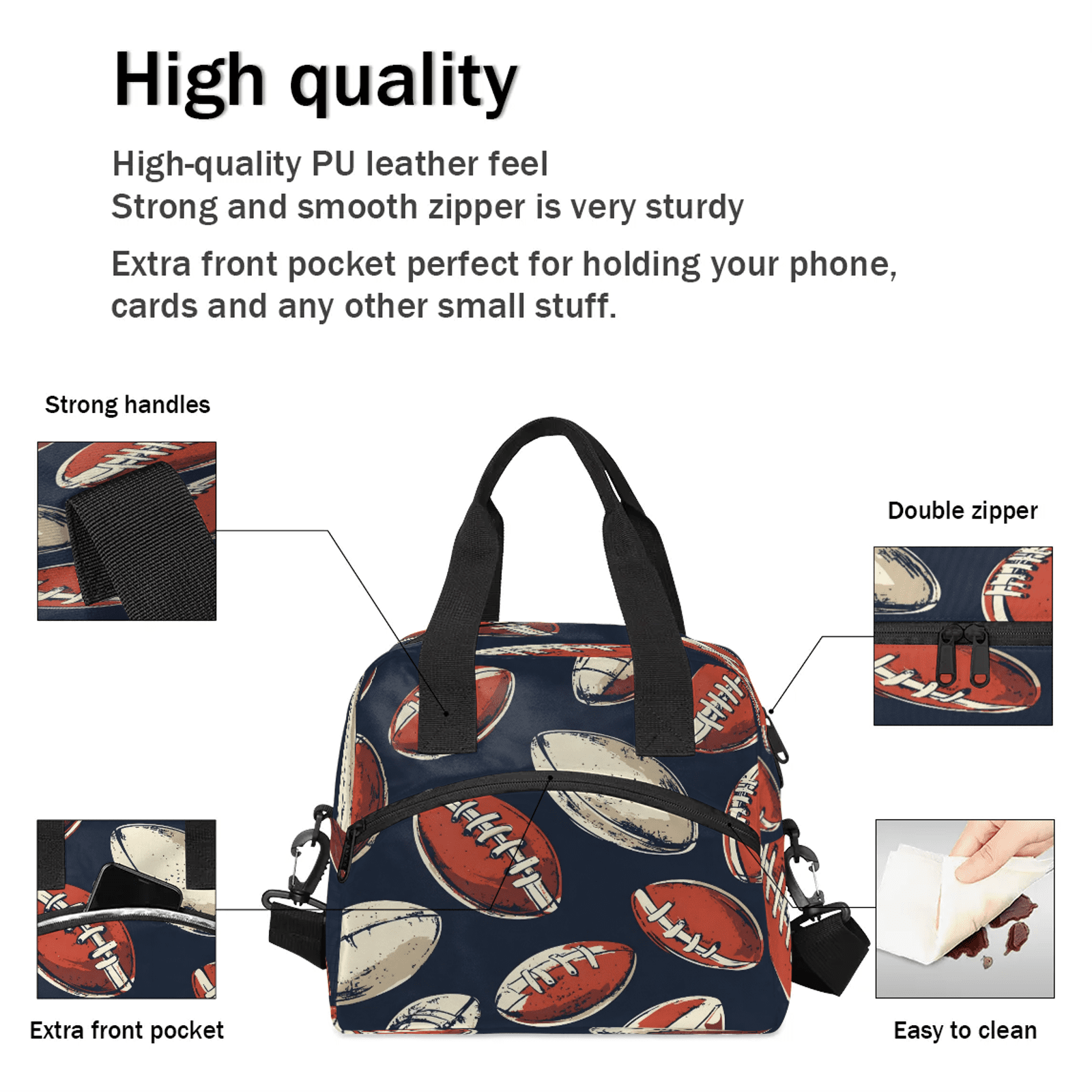 Herdesigns Football Lunch Bag for Women Men Adult, Sports Large Insulated Reusable Lunch Box Leakproof Portable Cooler Tote Bags for Work Picnic Beach