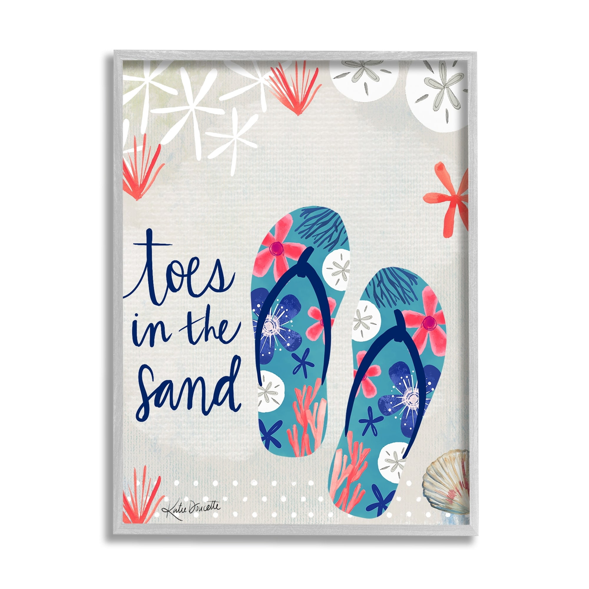 Stupell Industries Toes In Sand Varied Beach Botanical Patterned Flip-Flops Graphic Art Gray Framed Art Print Wall Art, Design by Katie Doucette