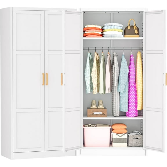 SUNCROWN Metal Wardrobe Cabinet with Wooden Handle, 72" Metal Wardrobe Closet with Hanging Rods and Adjustable Shelves, Steel Storage Locker Closet for Home, Office, Employee, Gym (White)