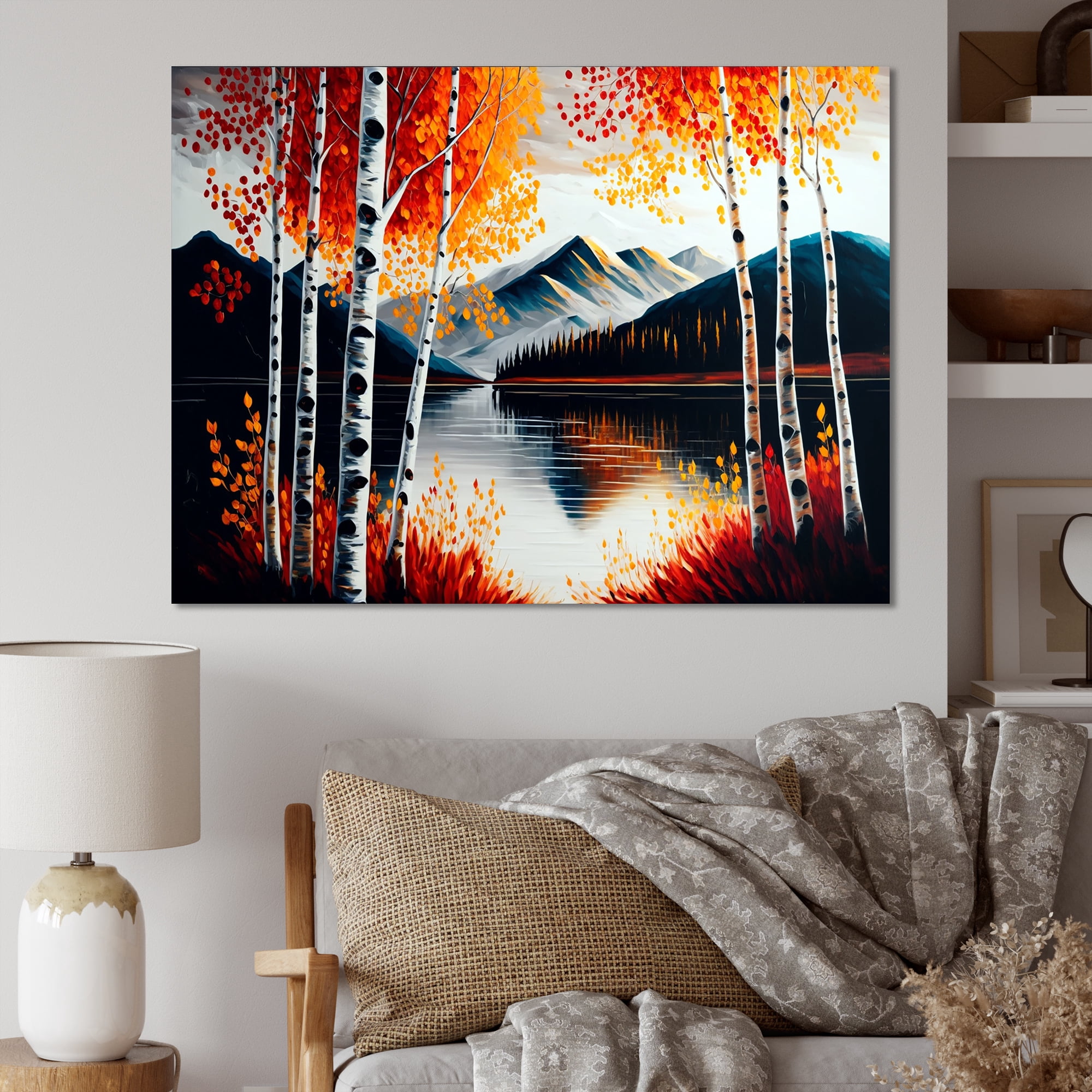 Designart Red And Orange Birch Trees By The Lake I Canvas Wall Art
