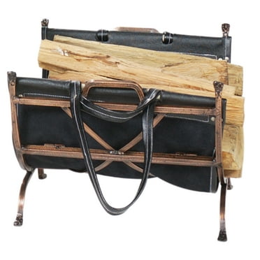Uniflame Antique Copper Wrought Iron Log Holder with Black Leather Carrier