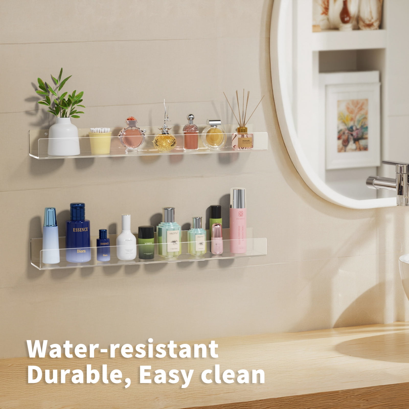 NIUBEE 24 Inch Acrylic Shelves for Wall, Kids Sturdy Clear Floating Shelves, Wall Bookshelf Perfume Rack for Bathroom, Living Room, Bedroom, Kitchen, 2Pcs