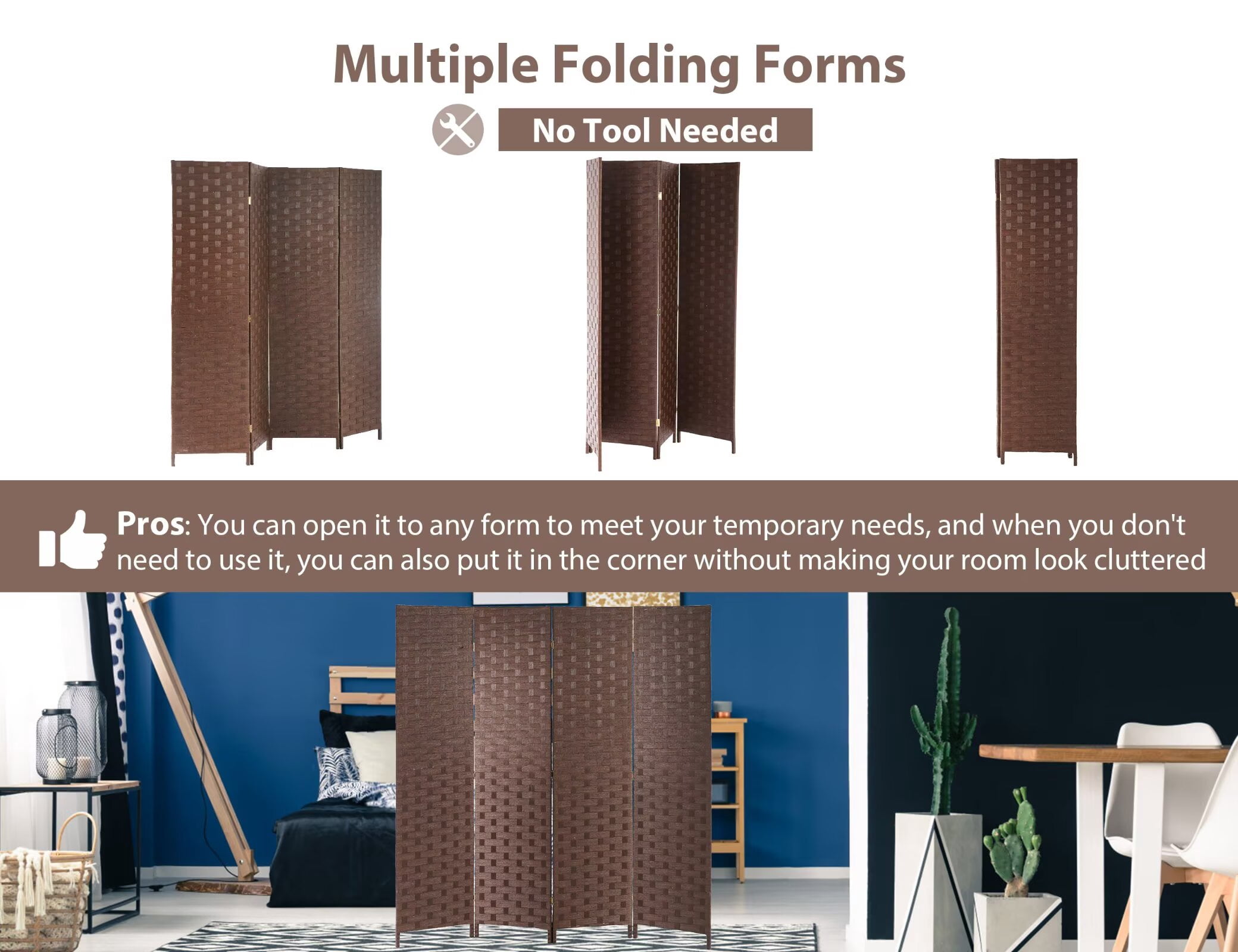 YRLLENSDAN,4 Panels,Room Divider Panel,Wall Divider for Room Separation,Privacy Screen Indoor,Foldable,Portable,Wooden,Independent Type,Brown