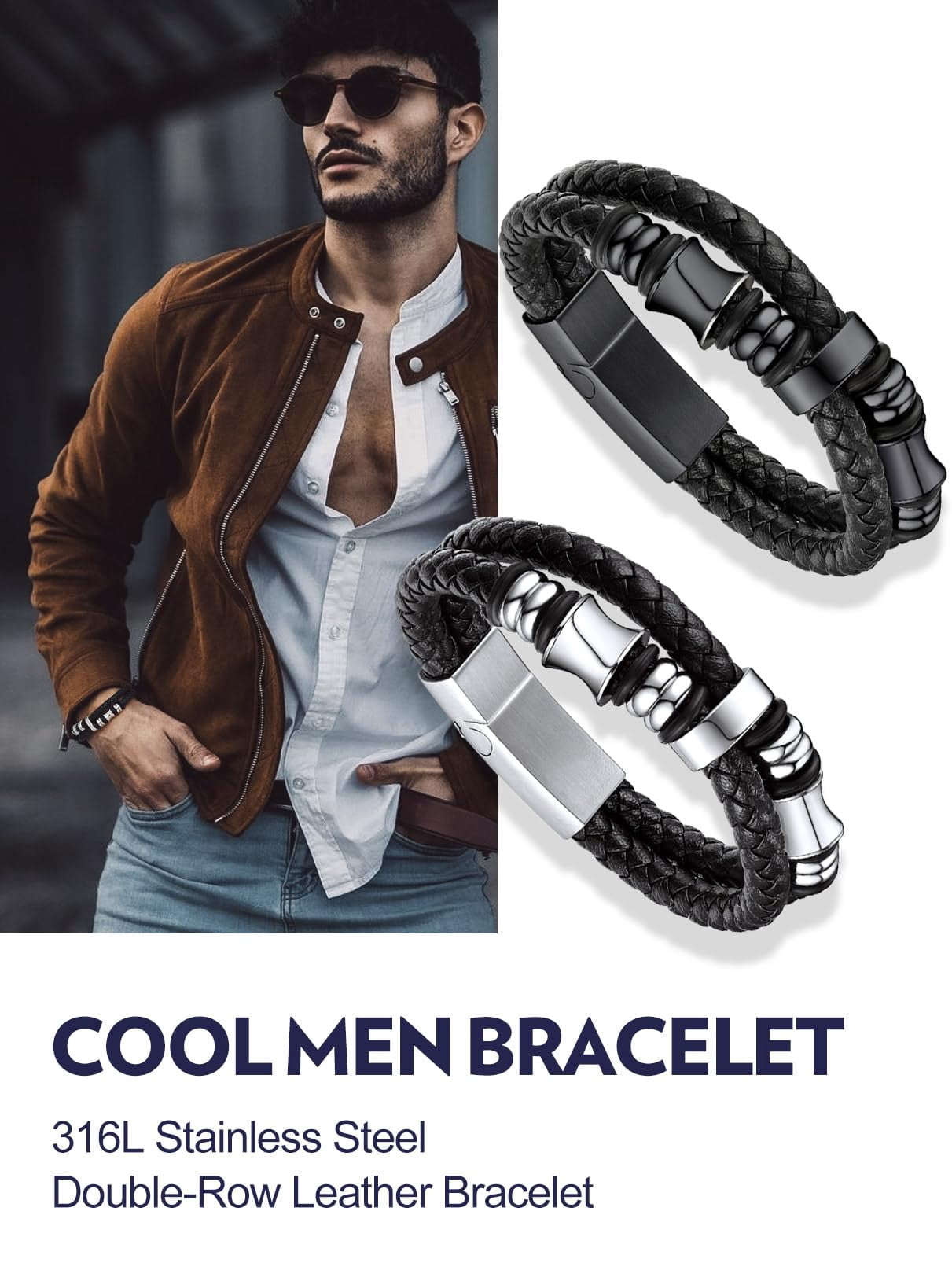 Bandmax Black Leather Bracelets for Men Double-Layer Braided Rope Bracelet with Stainless Steel Beads Wristband Wrist Bangle for Birthday Gift