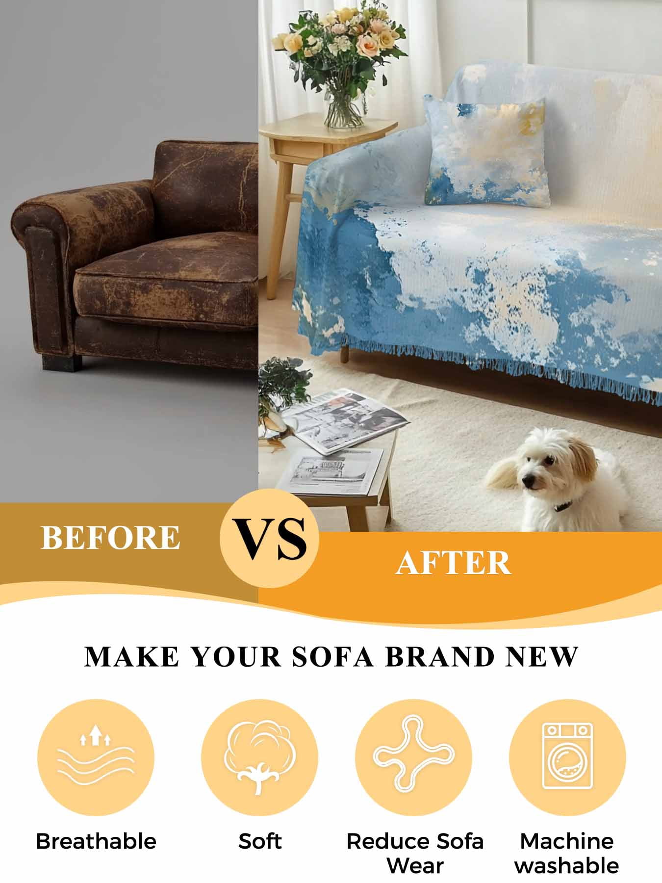 Blue Yellow Couch Cover for 2 Cushion Couch, Modern Vintage Oil Painting Abstract Washable Love Seat Sofa Covers Slipcover, Throw Sofa Covers for Pets, Furniture Protector 71"x102"