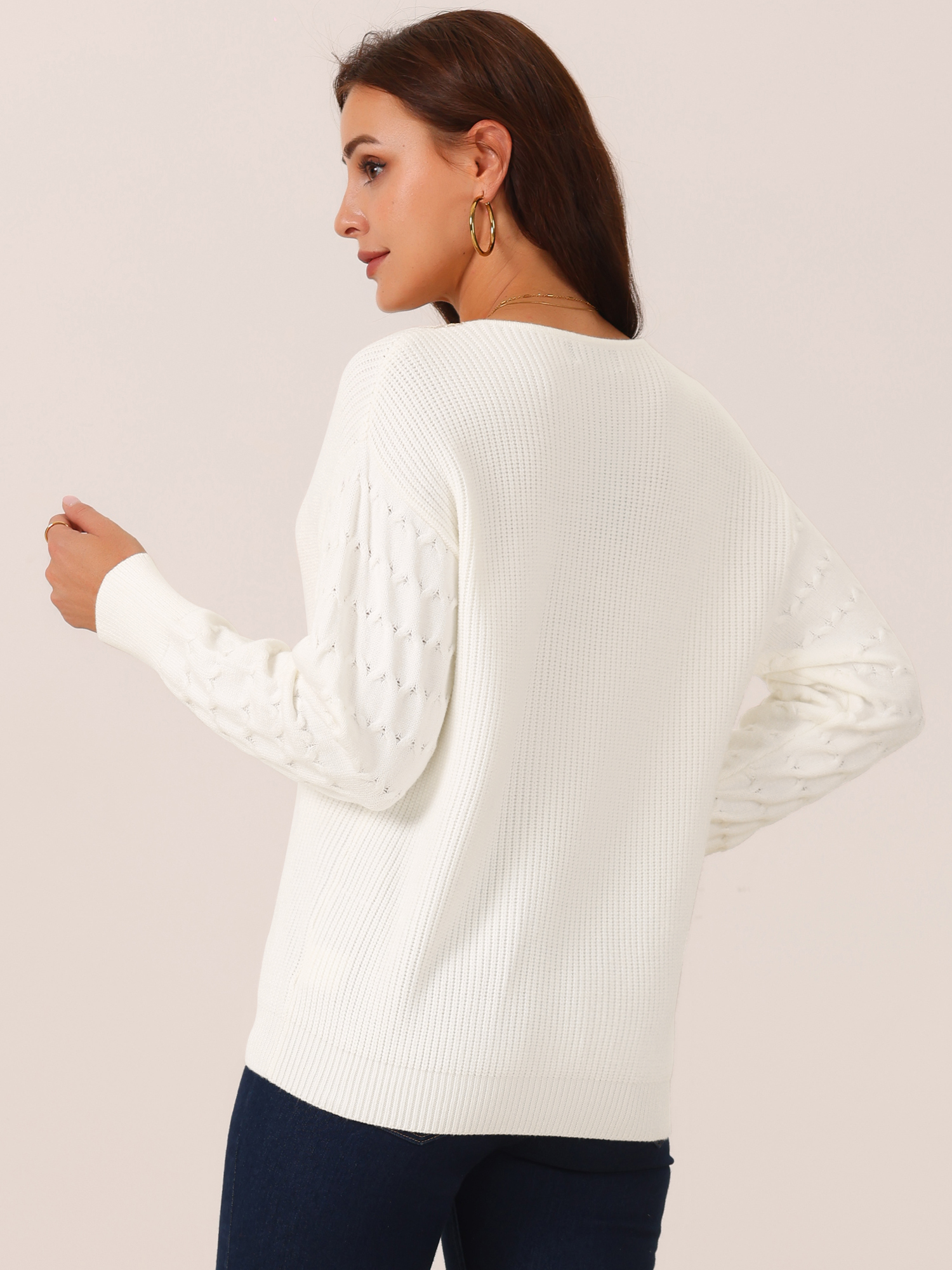DARING DIVA Long Sleeve Lace V Neck Pullover Sweater Jumper Top XL White