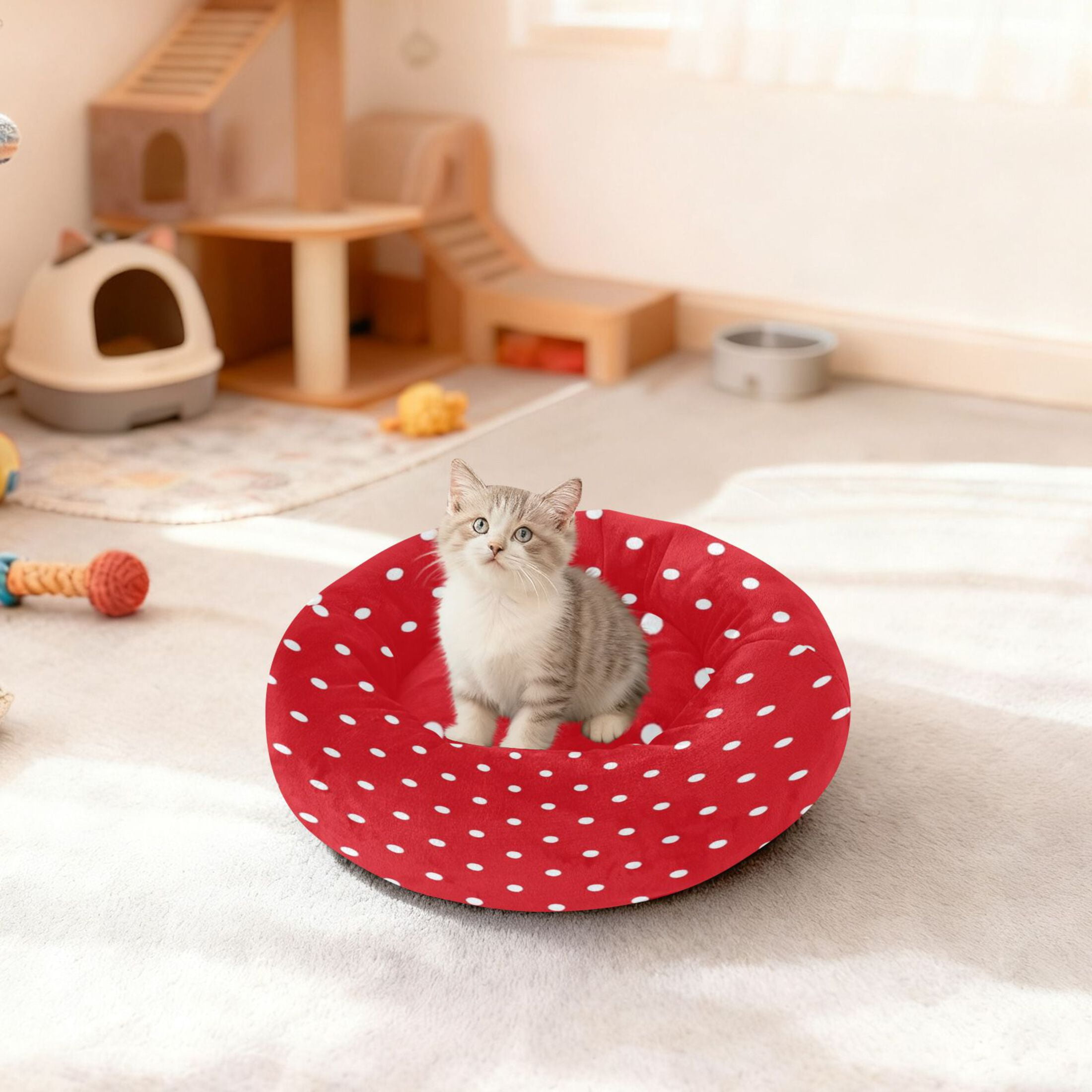 Iauyy Pet Couch Donut Cat Bed for Indoor Cats/Small Dogs Washable & Machine with Non-slip Bottom Calming Cat Furniture, Simple Polka Dots (S)