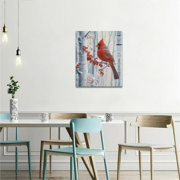 RAYZEL Cardinal Wall Art Red Birds on Branwith Berries in Winter
