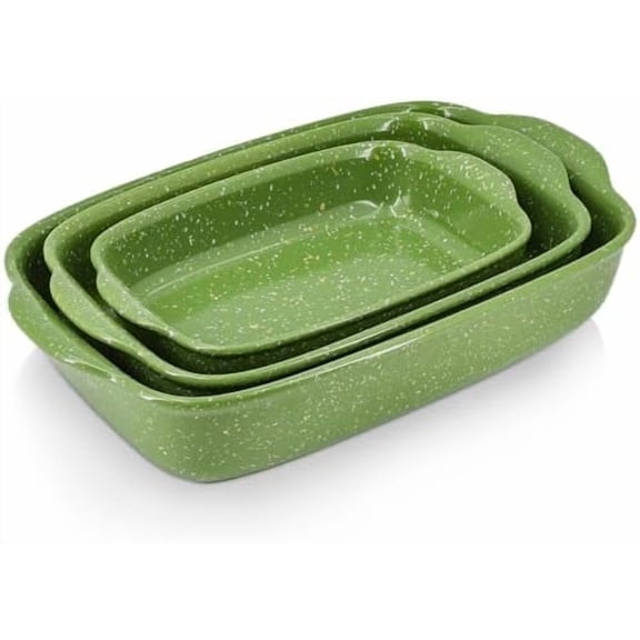 Ceramic Baking Dishes for Oven,Heavy Duty Bakeware Dish Set of 3, Rectangular Casserole,Lasagna Pan Deep,High Heat Resistant,Glazed Handcraft Speckle Series (13.8''/12''/9.6''Green)