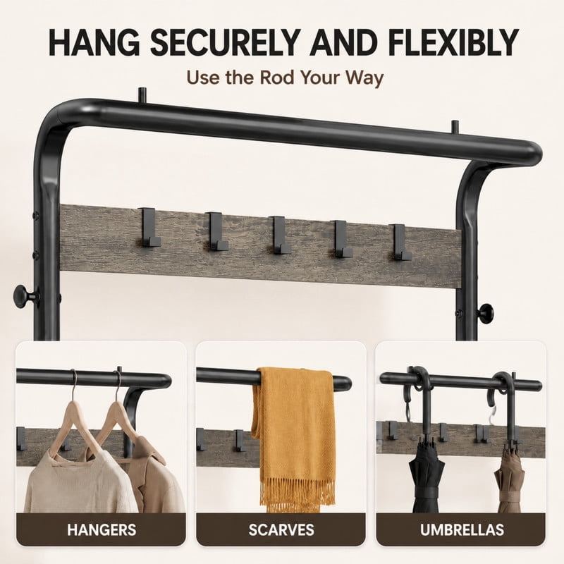 BEAUTYPEAK 5-in-1 Hall Tree 72"x28" Entryway Coat Rack with Shoe Bench Hanging Rod 10 Movable Hooks and 2-Tier Shoe Storage, Wood Gray