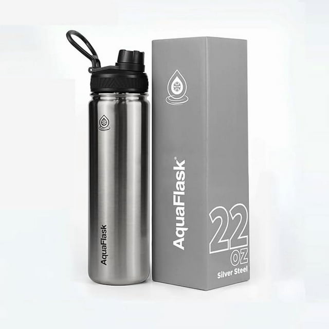 AquaFlask Bouteille d'Eau Isolée sous Vide 650 ml (22 Oz), Sans BPA, Acier Inoxydable, Étanche, Garde les Boissons Chaudes et Froides (Acier Argenté)