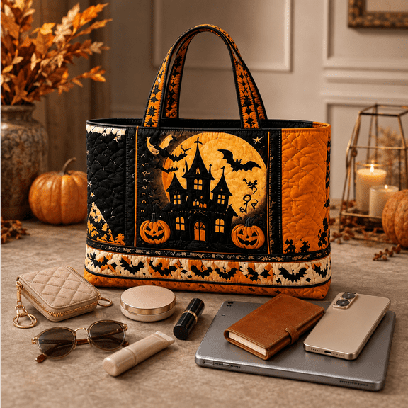 Kuegmeu Halloween Quilted Tote Bag, Large Capacity Shoulder Handbag Print Cat Pumpkin Bat Pattern, Vintage Reusable Shopping Tote for Daily Use 14.96x13.78x3.94in A