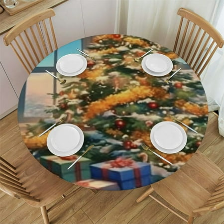 

Sheronv Christmas Tree Presents Cityscape Round Tablecloth Stain-Resistant Washable for Indoor Outdoor Restaurants Weddings Parties 100% Polyester Fiber Home Kitchen Holiday Dinner Decor 54 -58