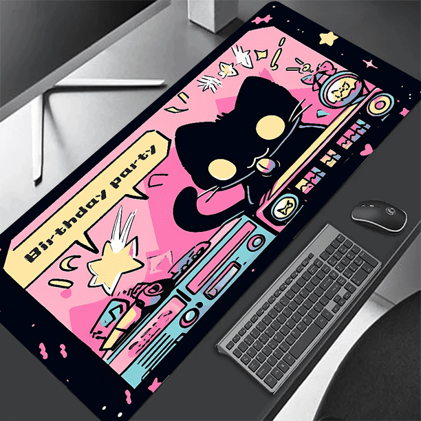 Alfombrilla para teclado con nubes de gato negro, alfombrilla para ratón extendida con borde de bloqueo, almohadilla de protección para escritorio de oficina, color rosa y morado, XXL
