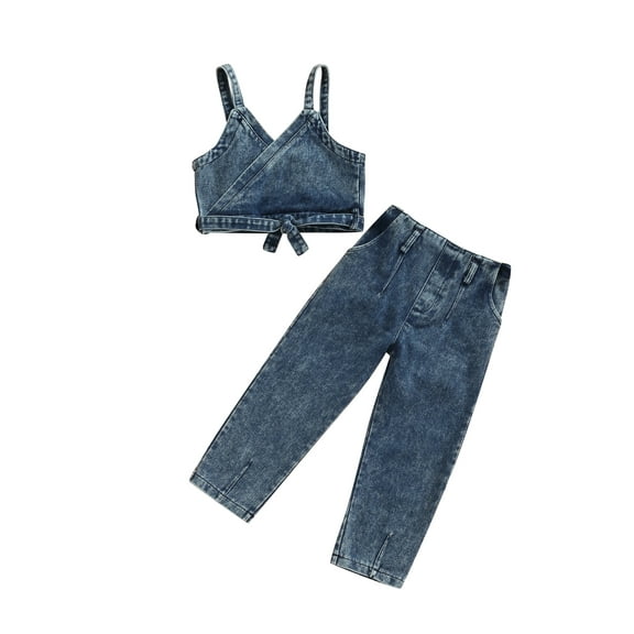 Bagilaanoe 2pcs Toddler Baby Girls Denim Outfits Sleeveless Crop Tops Jeans Trousers with Belt 1T 2T 3T 4T 5T 6T Kids Long Pants Set