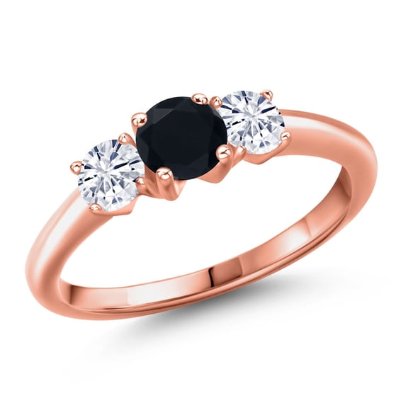 Gem Stone King 18K Rose Gold Plated Silver Black Onyx and White Moissanite Engagement Ring for Women | 0.94 Cttw | Round 5MM | Gemstone December Birthstone | Size 5