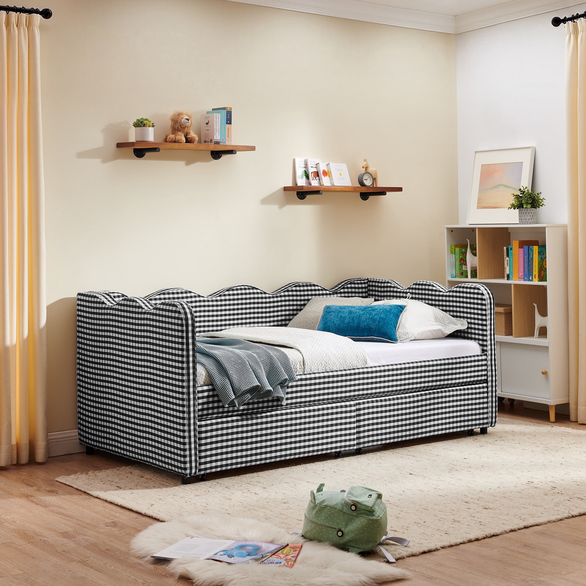 GARITIN Twin Size Daybed with 2 Storage Drawers, Gingham Sofa Bed with USB Port and Wavy Headboard for Kids Room, Black