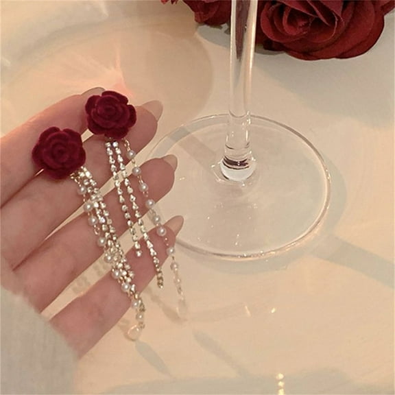 Elegant Rose and Pearl Drop Earrings for Women Long Statement Jewelry with Crystal Accents, Ideal for Weddings
