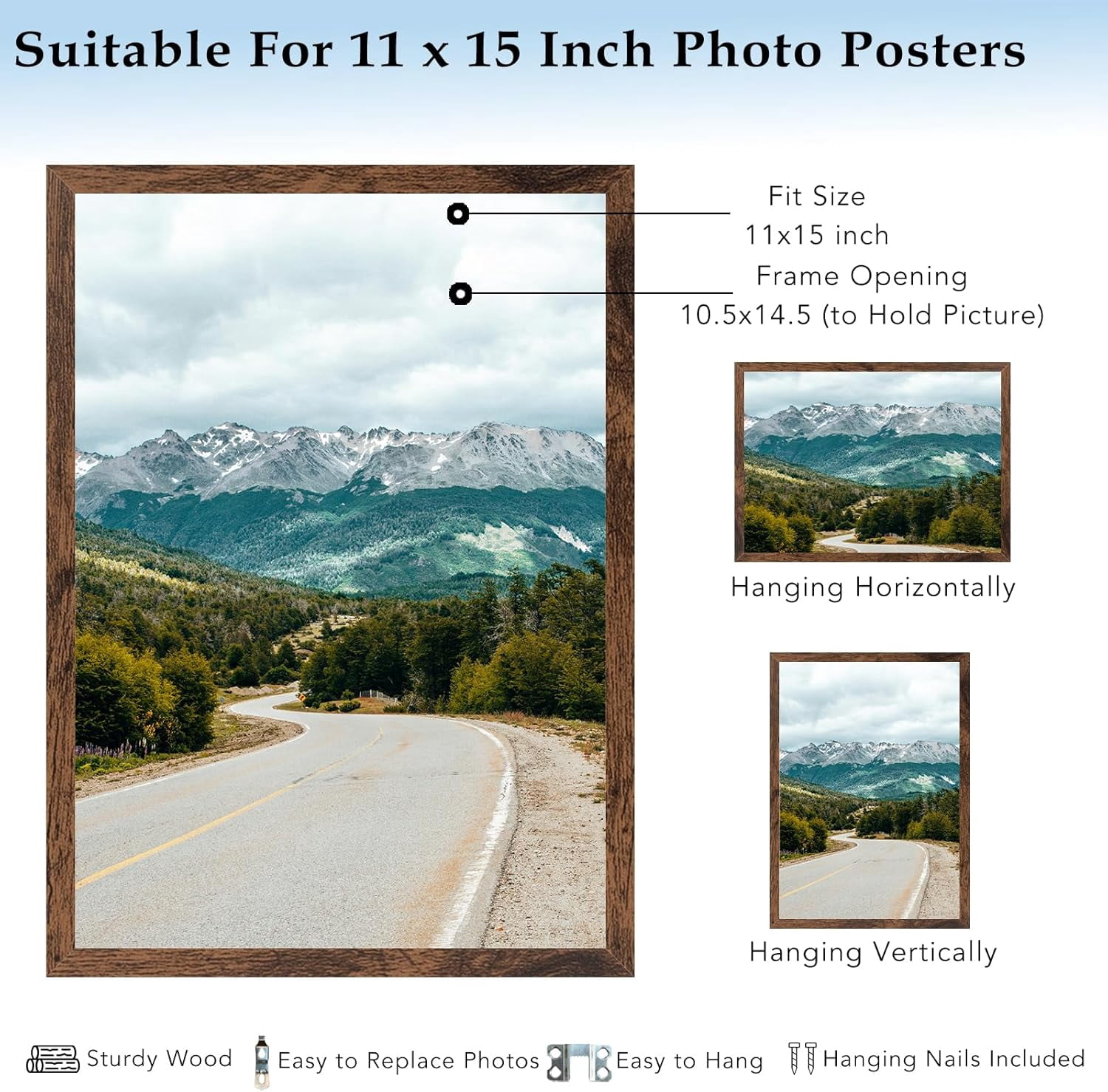 11x15 Picture Frame Deep Brown for Wall Hanging, Wood 11 x 15 Frame Photo Frame for Wall Horizontally or Vertically, Deep Brown, 3 Pack