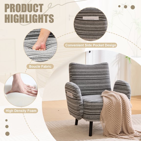 Modern Boucle Armchair with Side Storage Pocket, Dark Gray Comfy Reading Chair for Living Room, Solid Wood Legs