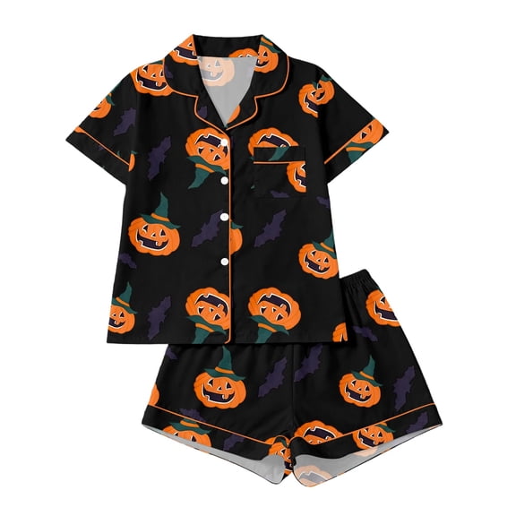 Elegyee Toddler Girl's Halloween Pajamas Pumpkin Short Sleeve Button Down Shirt Shorts Sleepwear, Black, Size 3-4