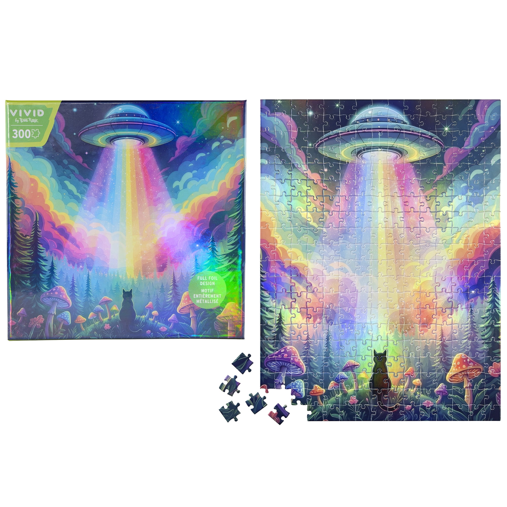 Vivid by Brea Reese: 300 Piece Puzzle - UFO Cat - Beam Me Up Spaceship Landscape Scene Jigsaw, Holographic Foil, Soft-Touch, Image Reference Poster