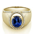 thumbnail image 2 of Gem Stone King 4.09 Ct Oval Blue Created Sapphire 18K Yellow Gold Plated Silver Men's Ring (Size 11), 2 of 3