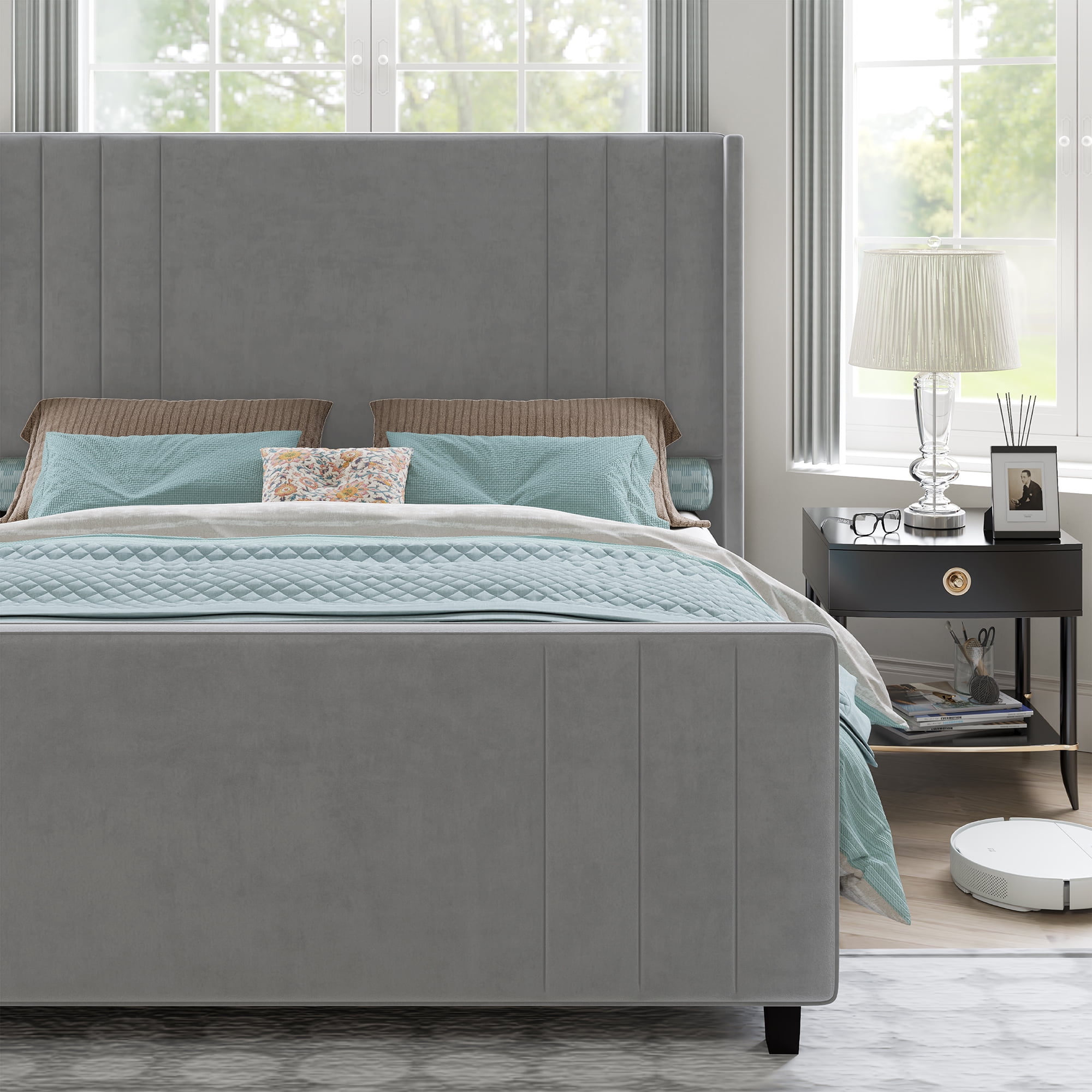 Amerlife King Size Bed Frame with Velvet Upholstery, Tufted Headboard and Footboard, Grey