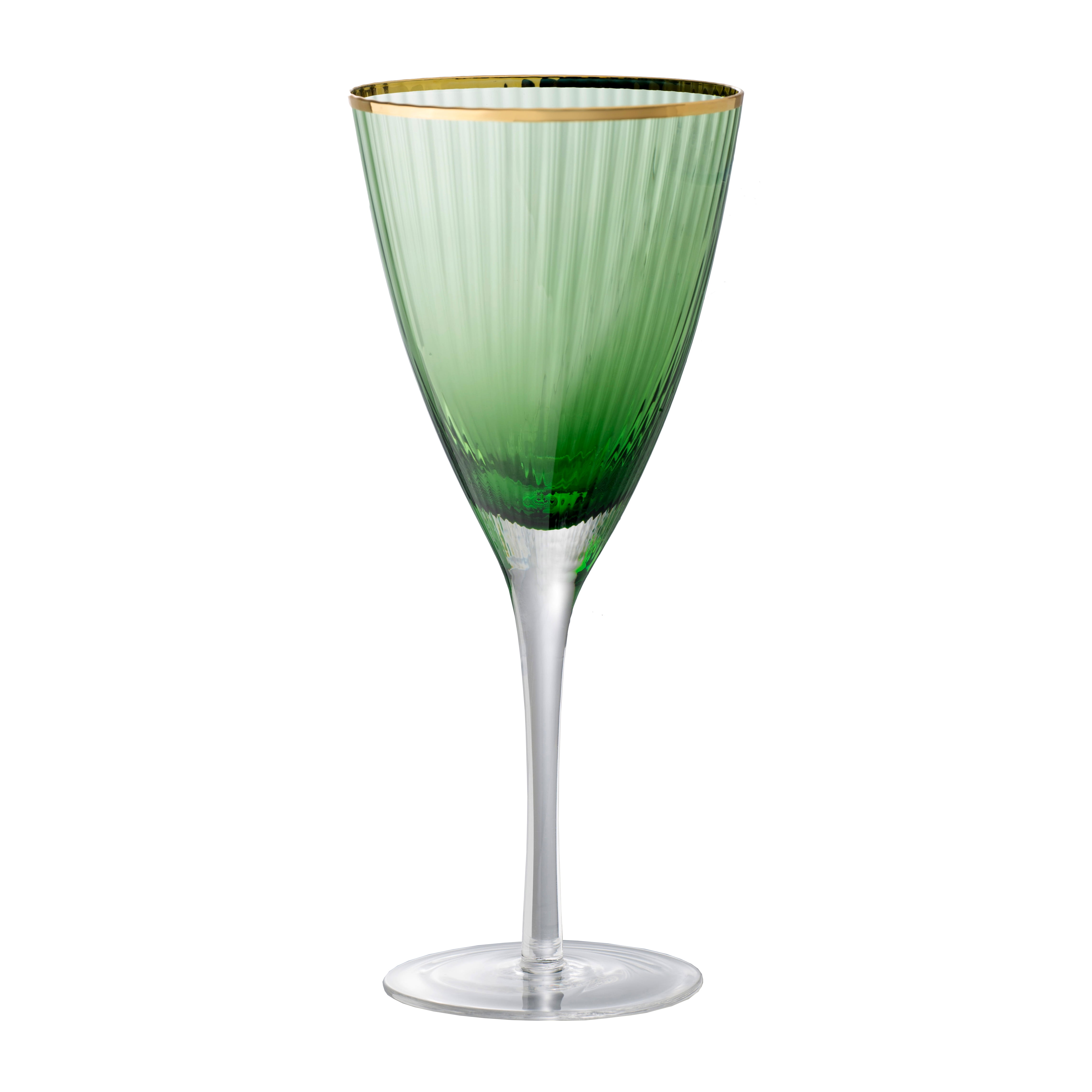 Set Of 2 Green Wine Glass, Gold Rim D4x9"
