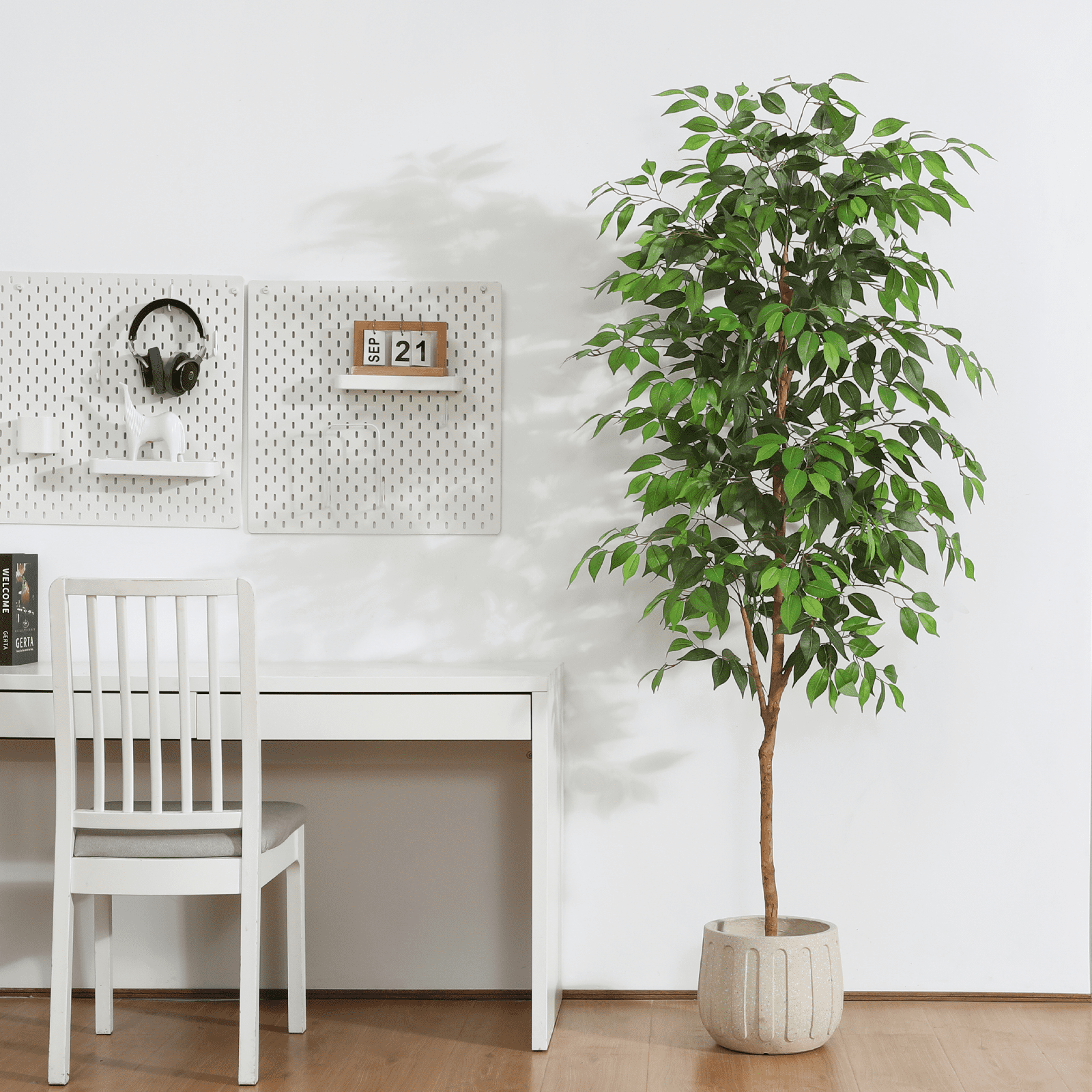 6FT Artificial Ficus Tree with Natural Wood Trunk and Lifelike Leaves, Silk Fake Potted Tree with Wood Branches, Faux Tree for Office Home Decor