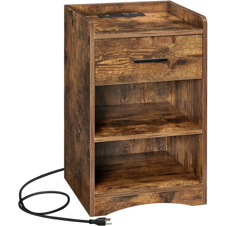 Nightstand with Charging Station, Bed Side Table with USB Ports and Outlets, Drawer, Storage Shelves, Rustic Brown, 40 cm x 40 cm x 64 cm