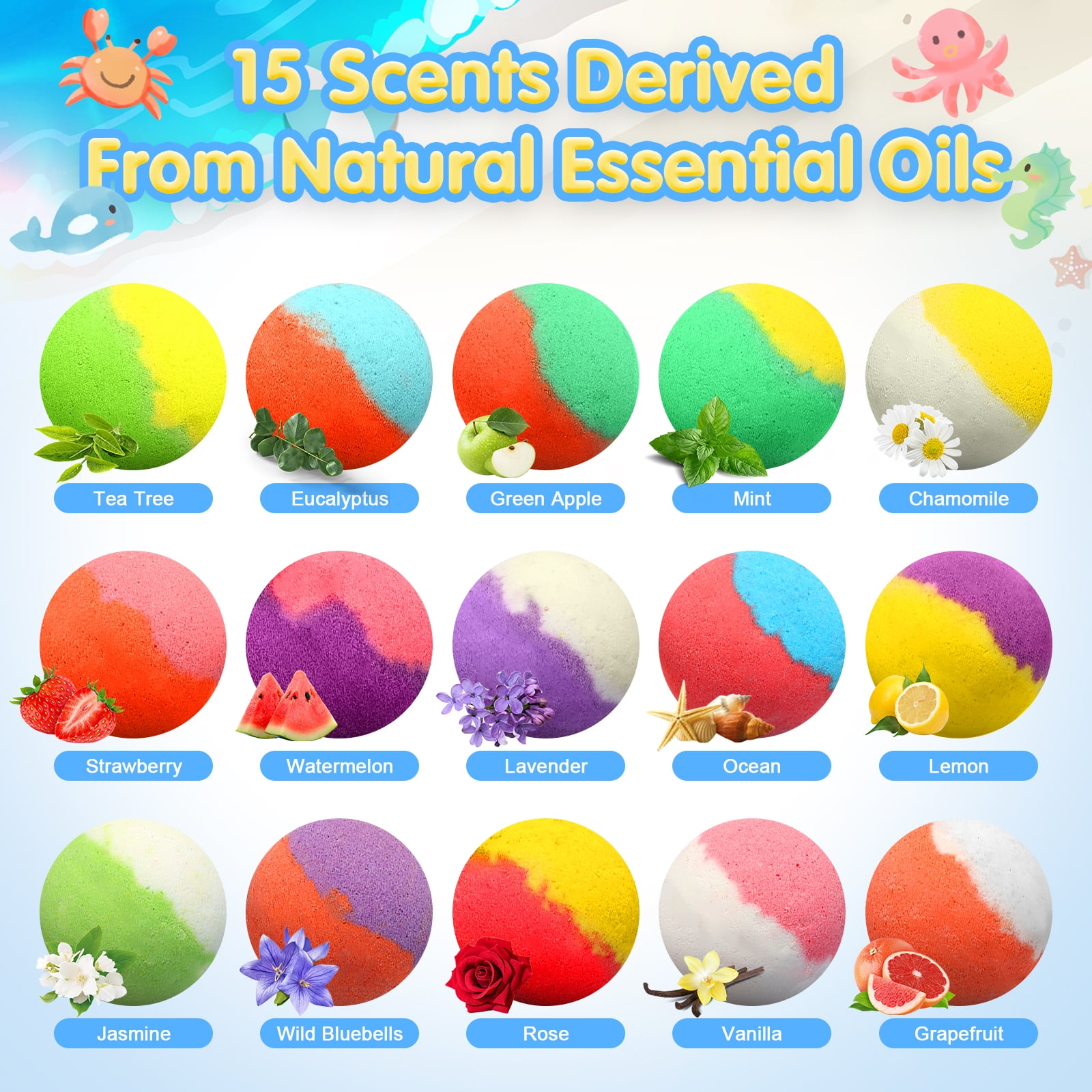 Vremou Bath Bombs for Kids, 15pcs Kids Bubble Bath with Surprise Toys Inside, Kids Friendly & Non-Toxic Fizzy for Girls Boys, Perfect Birthday Gift