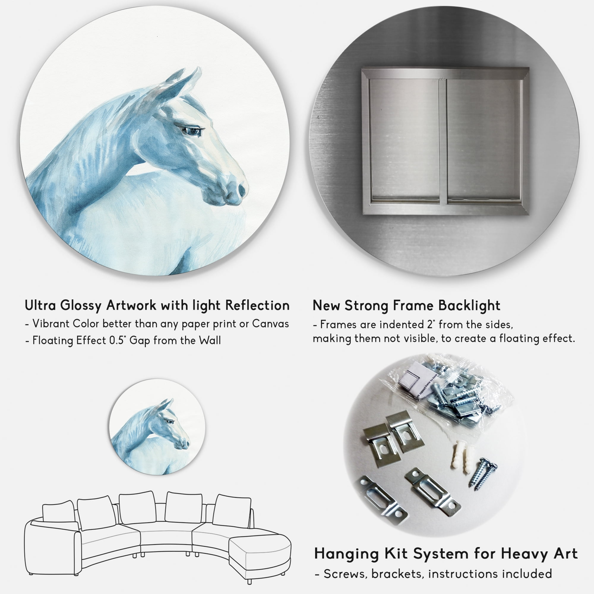 Designart 'Close Up Portrait Of A Light Blue Horse' Farmhouse Circle Metal Wall Art 36x36 - Disc of 36