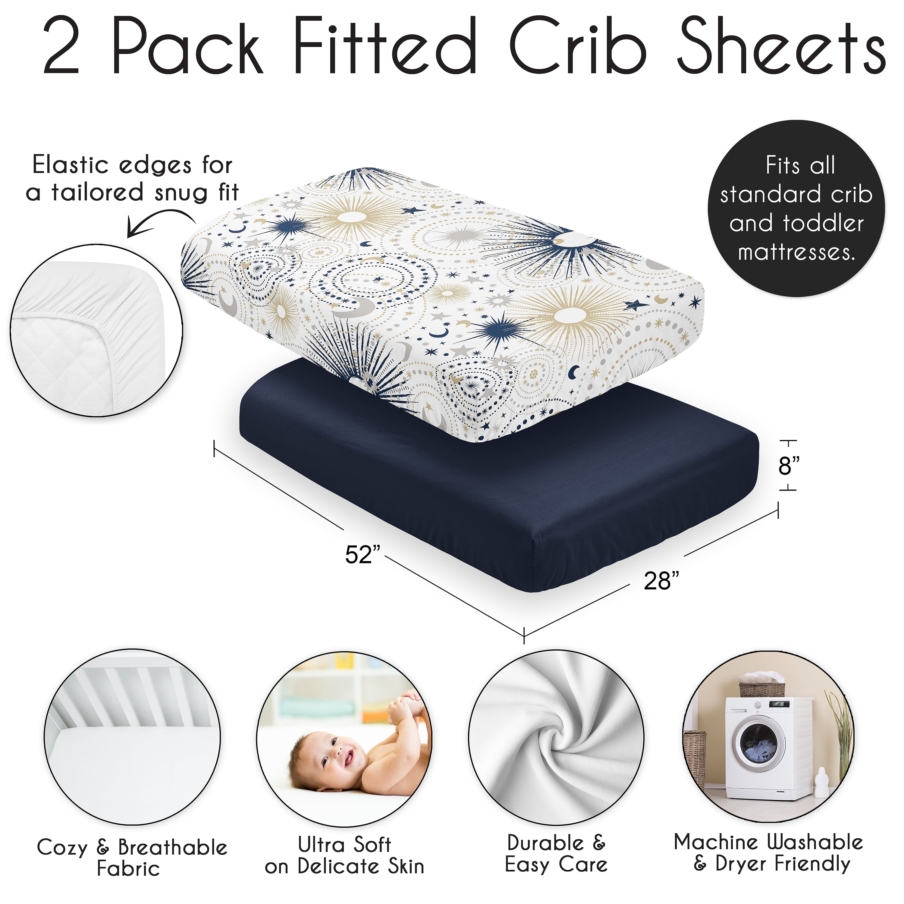 Sweet Jojo Designs Celestial Navy Blue and Gold Boy, Girl, Unisex/Gender Neutral Fitted Crib Sheets Set 2 Piece