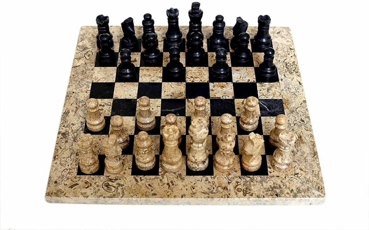 JT Handmade Fossil Coral and Black Marble Chess Set Game Original - 12 inches
