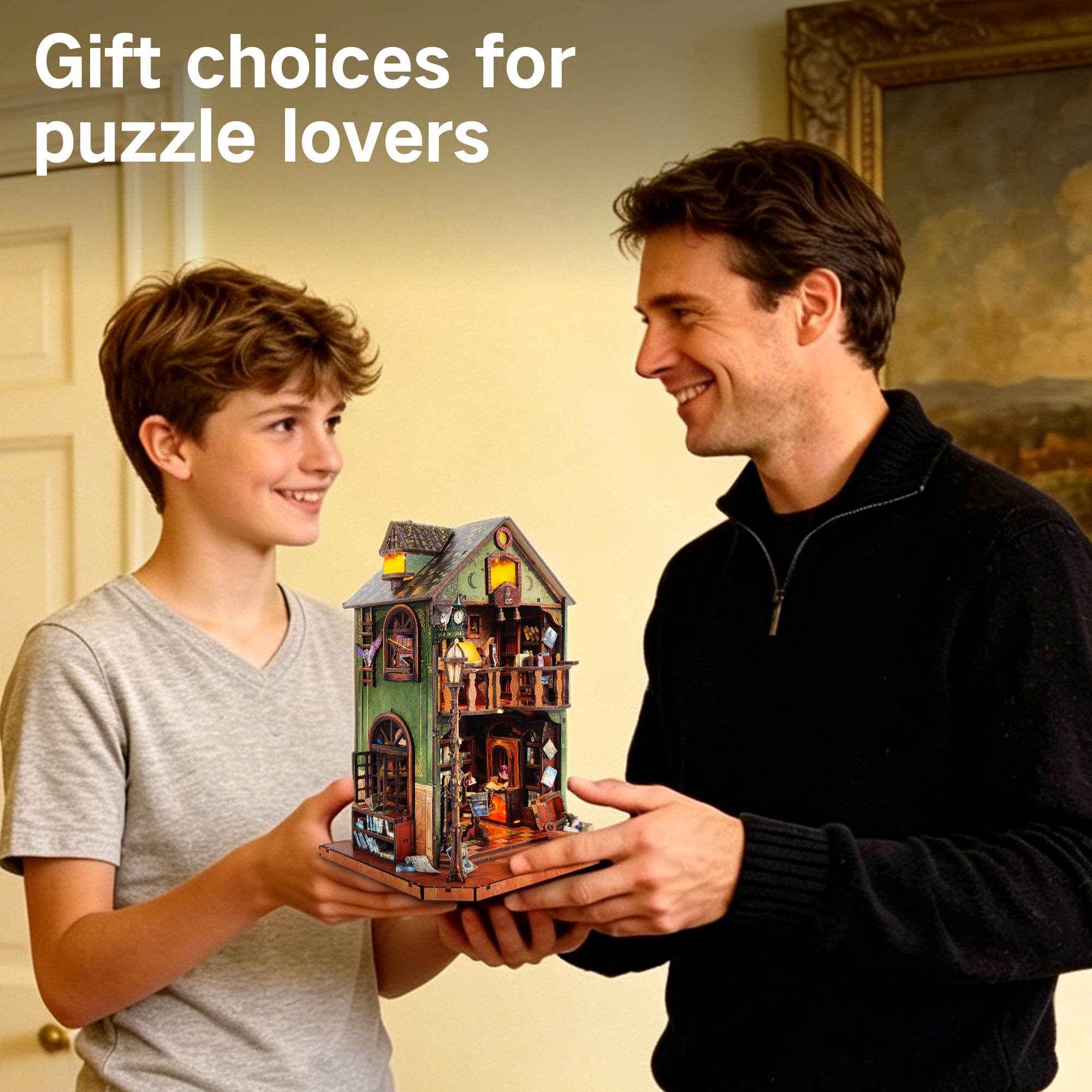 BELEEV Book Nook Kit,3D Wooden Puzzle，Owl Library Book Nook with Lights,DIY Miniature House Model Kit for Adults,Dollhouse Craft Kit Birthday Gift for Teens & Adults - Owl Library