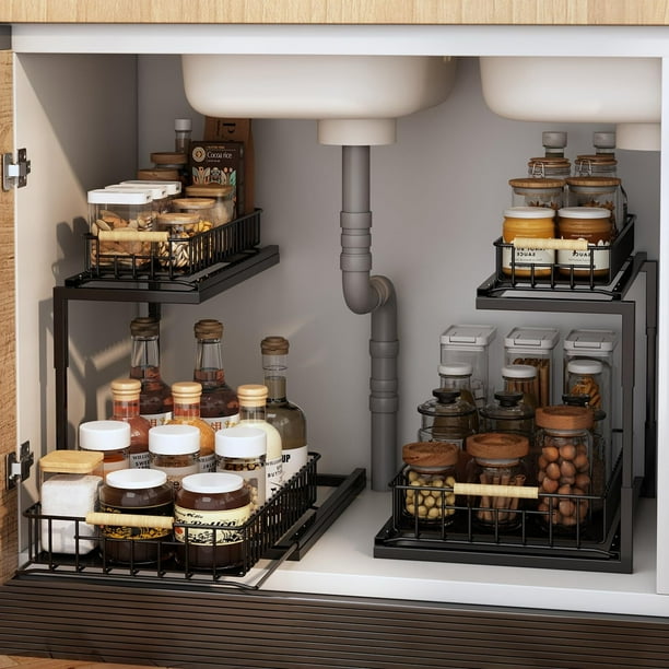 Organizador Bajo del Fregadero con Deslizamiento Ajustables, Estante Organizador de Fregadero Cocina y Baño Extraíble para Gabinete 2 Niveles, Cajón Deslizante Metal, Especieros para Cocina