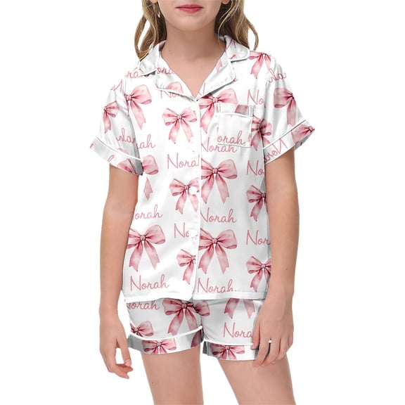 Girls Valentine P𝙖𝙟𝙖𝙢𝙖s Size 8 Button Up Bow Printed Short Sleeve & Short Pants Outfit Loose 2 Piece Nightwear 2 Piece Satin P𝙖𝙟𝙖𝙢𝙖 Sets