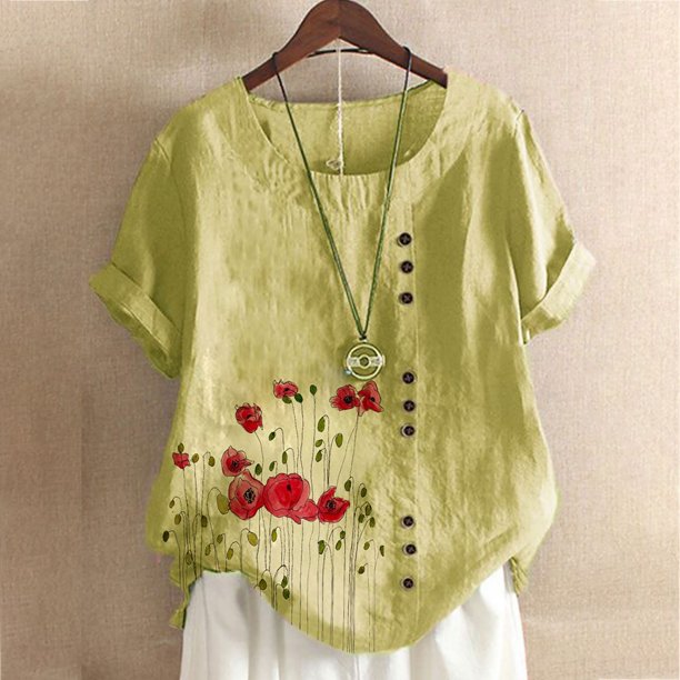 ICHUANYI Clearance Womens Plus Size Round-Neck Short Sleeve Print Buttons Cotton Linen Vintage Tops(Yellow, XL) ICHUANYI WER2023081010351