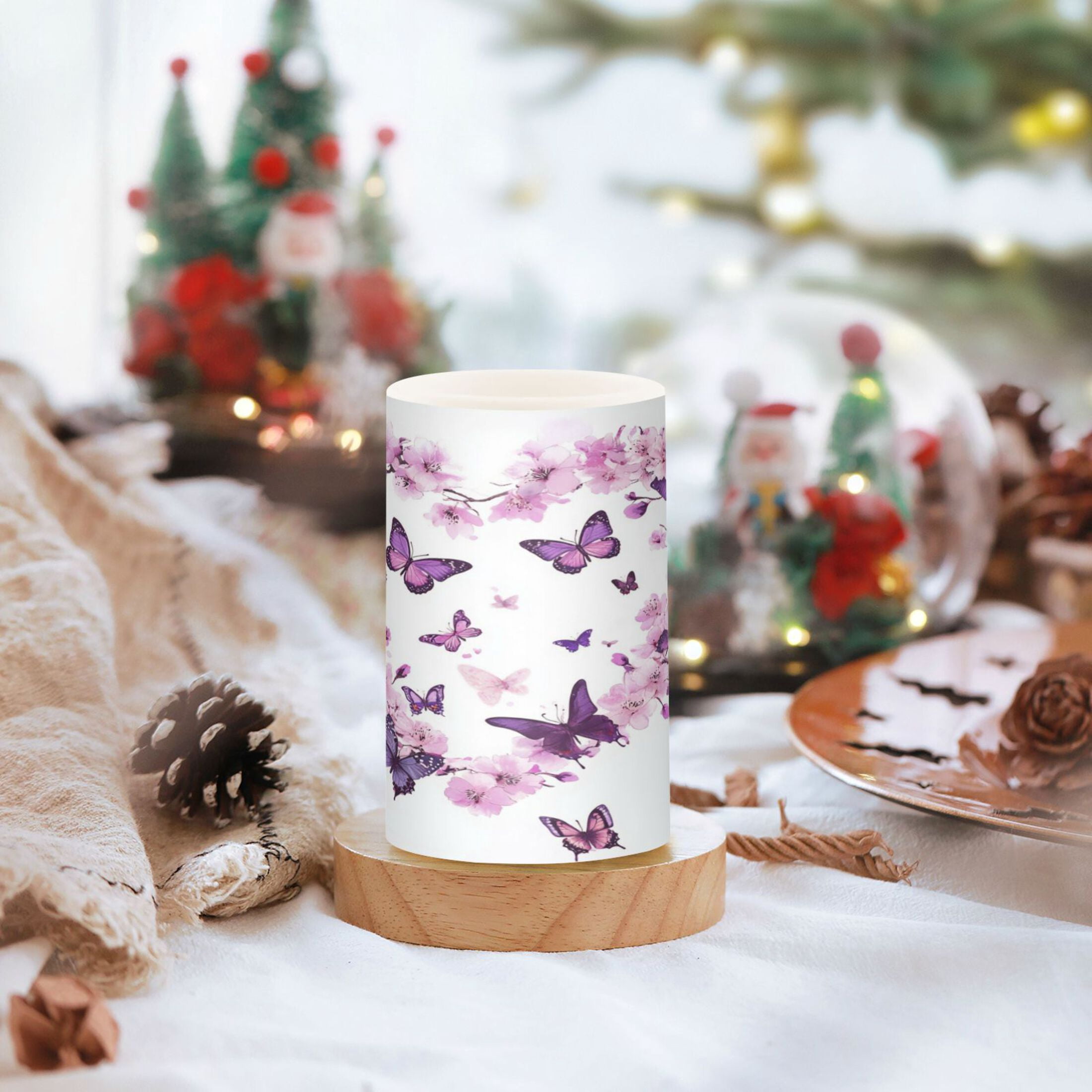 Wobogo Purple Butterfly Pink Floral Combo Flameless Flickering Candle Light with Remote Control and Timer for Romantic Atmosphere