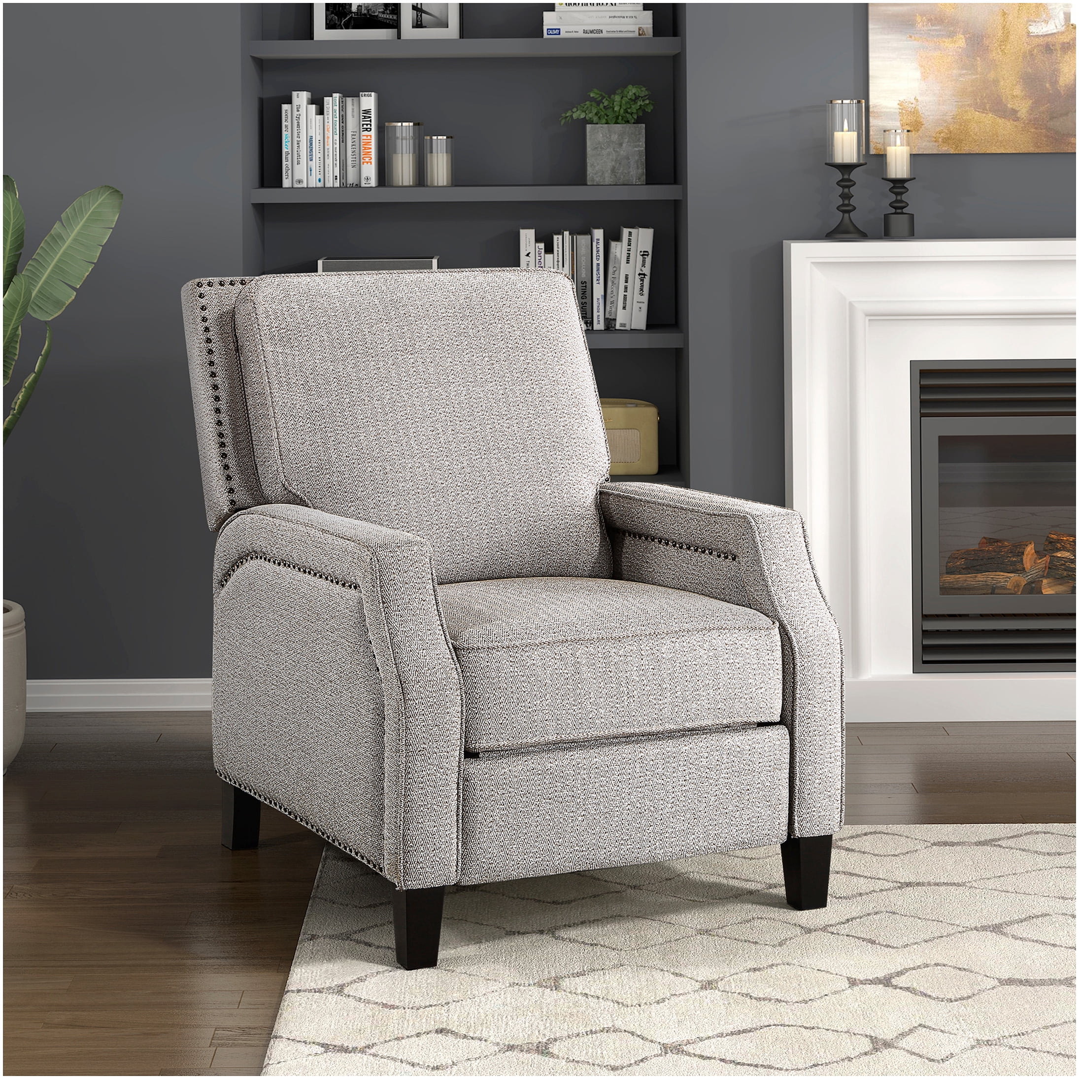 Modern Chenille Push-Back Recliner Chair - Beige Brown Transitional Self-Reclining Motion Seat for Living Room