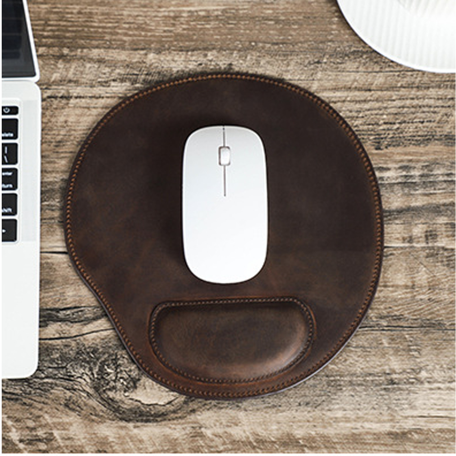 Ergonomic Mouse Pad with Wrist Rest - Premium Crazy Horse Leather Coffee Color - Gel-Filled Cushion, Non-Slip Microfiber Base, Comfortable Office & Home Desk Accessory (9.4" x 8.7")