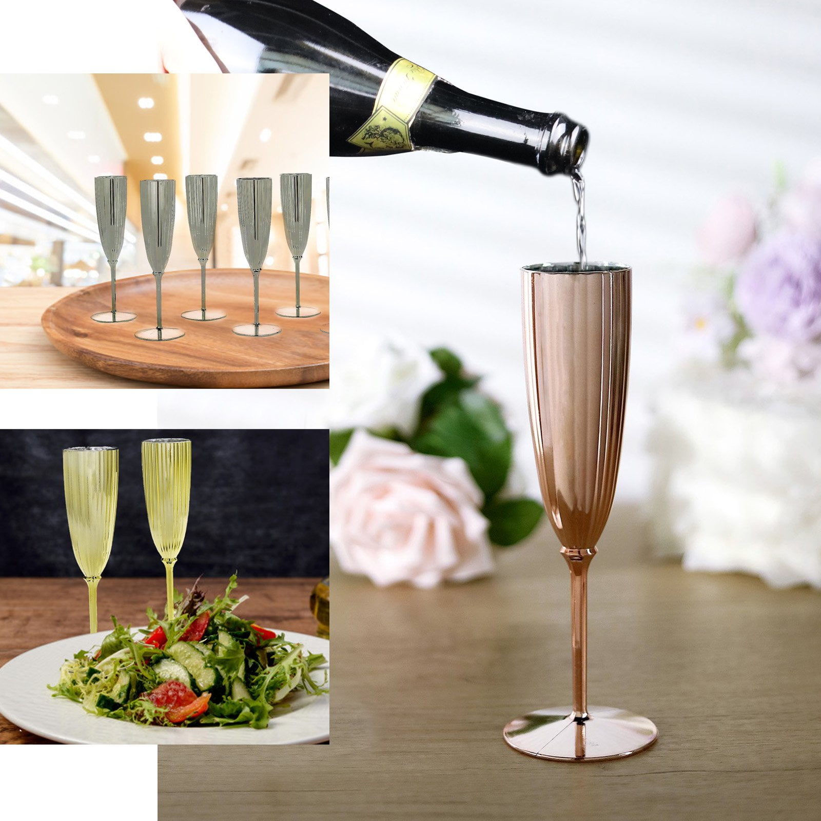 Efavormart 6 Pack - 5oz Premium Metallic Disposable Champagne Flutes -  Silver Elegant Stylish Fancy Flutes for Party Toasting 