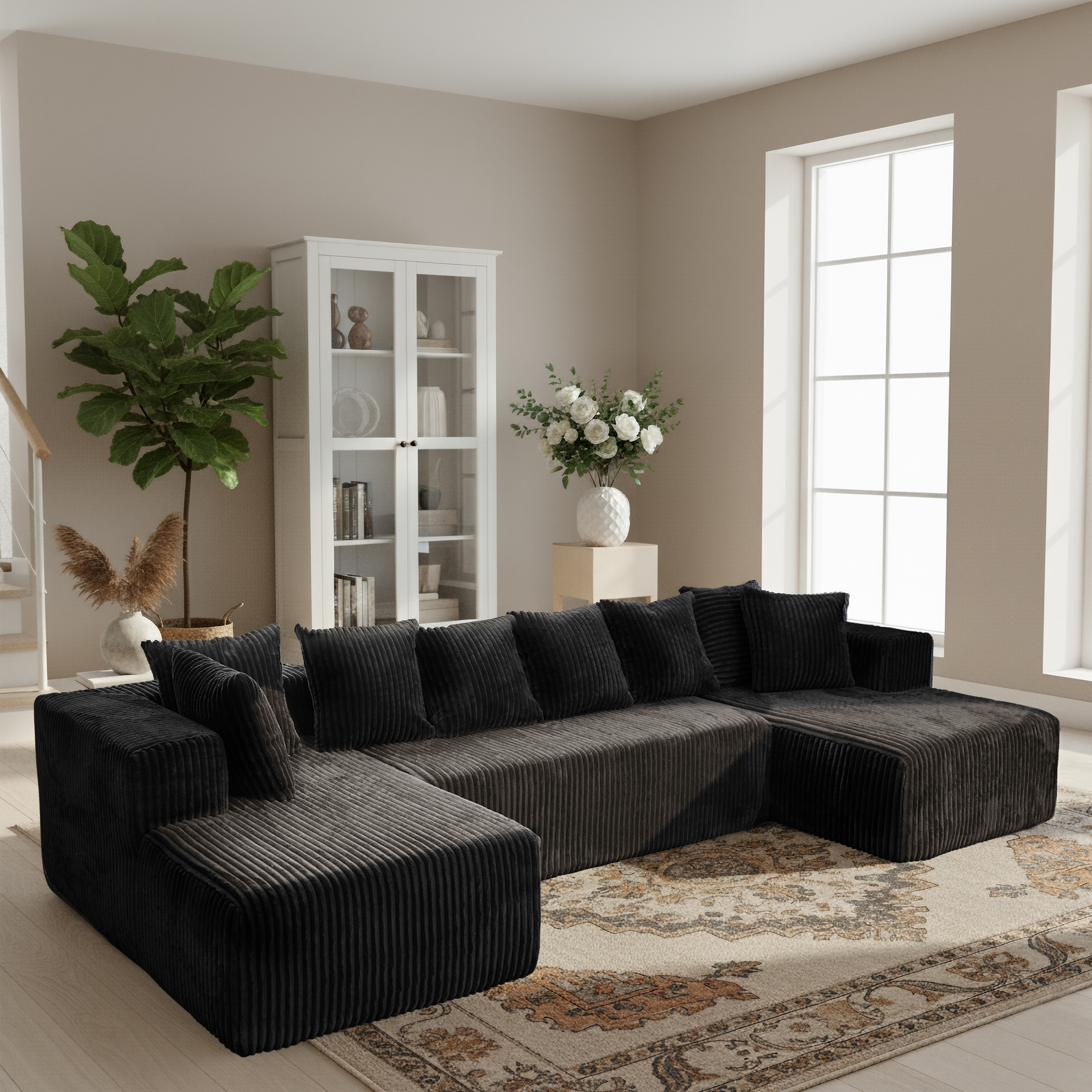 SEENYOO 130"Cloud Sectional Couch,Modular U Shaped Couch with Ottoman, No Assembly Required,Plush Corduroy Sofa with Deep Seat for Living Room,Black