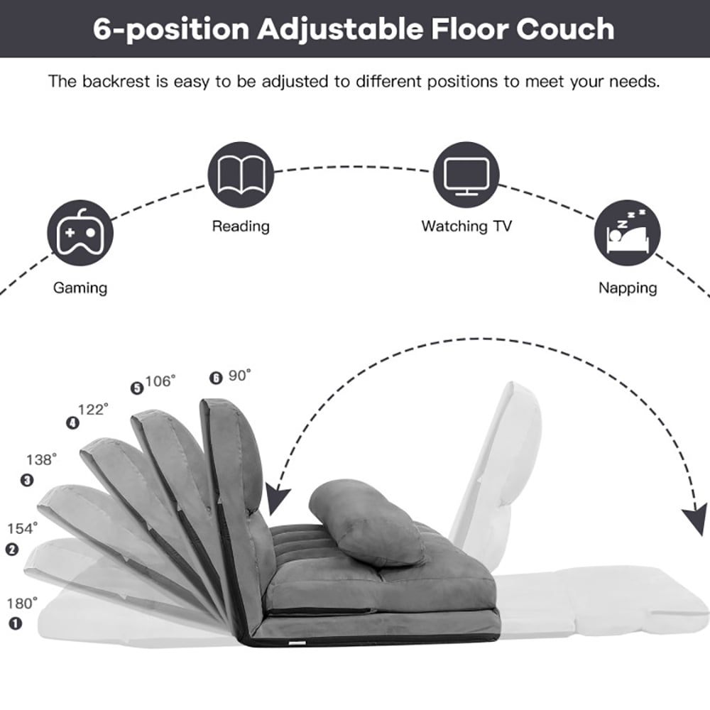 Finihen Fold Sofa Bed Couch, 6-Position Foldable Floor Sofa Bed with Detachable Cloth Cover, Gray Finihen Fold Sofa Bed Couch, 6-Position Foldable Floor Sofa Bed with Detachable Cloth Cover, Gray