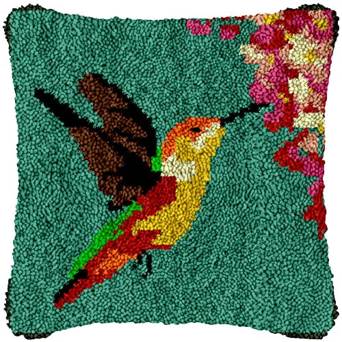 Hummingbird Latch Hook Kits Pillow Printed Canvas DIY Cushion Crochet Yarn Needlework Hook Latch Kit Embroidery Pillowcase Rug Cover Home Sofa Christmas Decoration 43x43cm